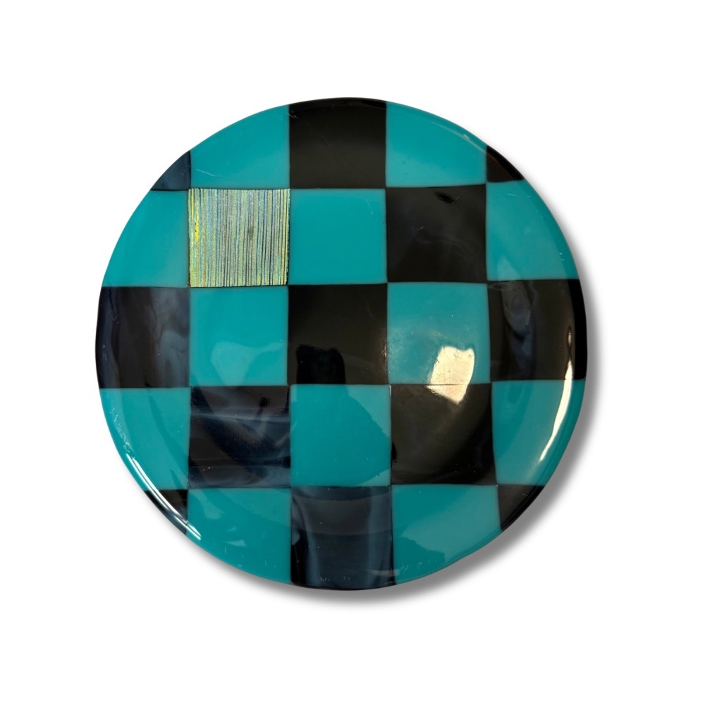 Handmade Fused Glass Checkerboard Plate Turquoise Black Dichroic Art Glass